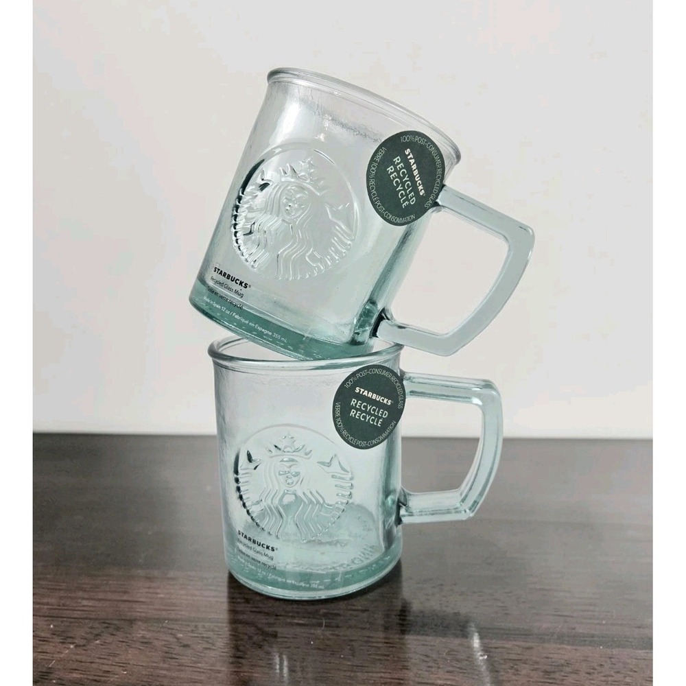 NEW 2 Starbucks San Miguel 100% Recycled Cold Drink Glass Mugs 12 Oz Spain RARE